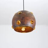 Large, globular brutalist hanging lamp in copper / glass by Peill & Putzler