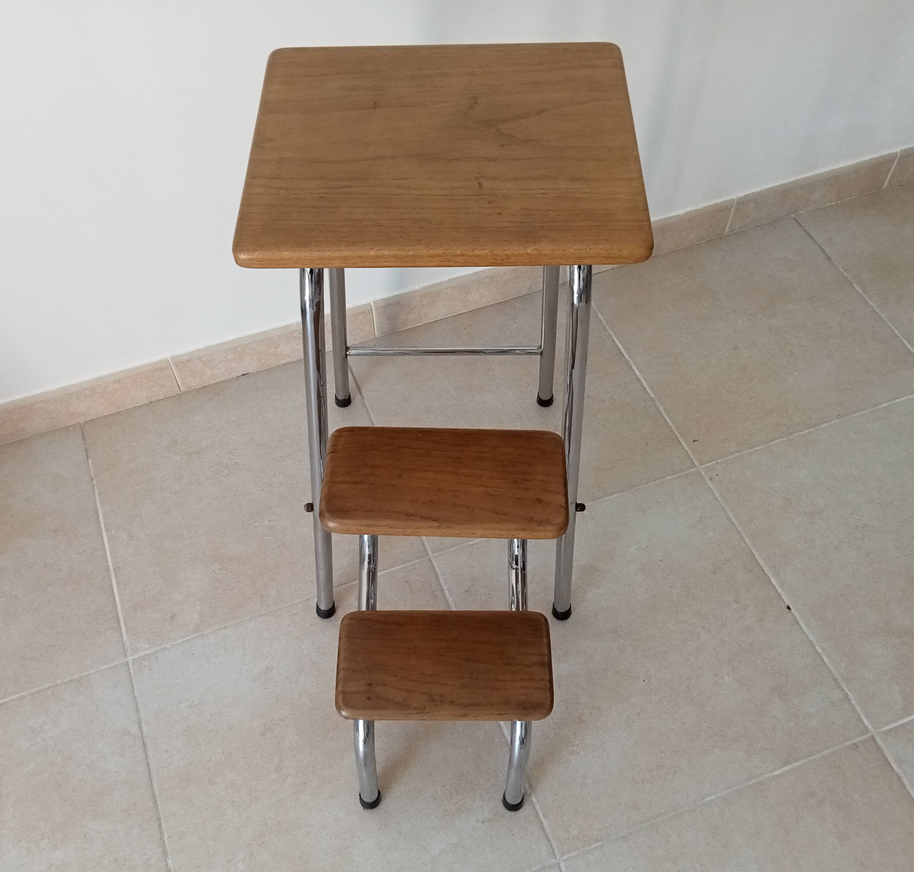 Stepladder stool vintage chrome and solid oak 60/70s