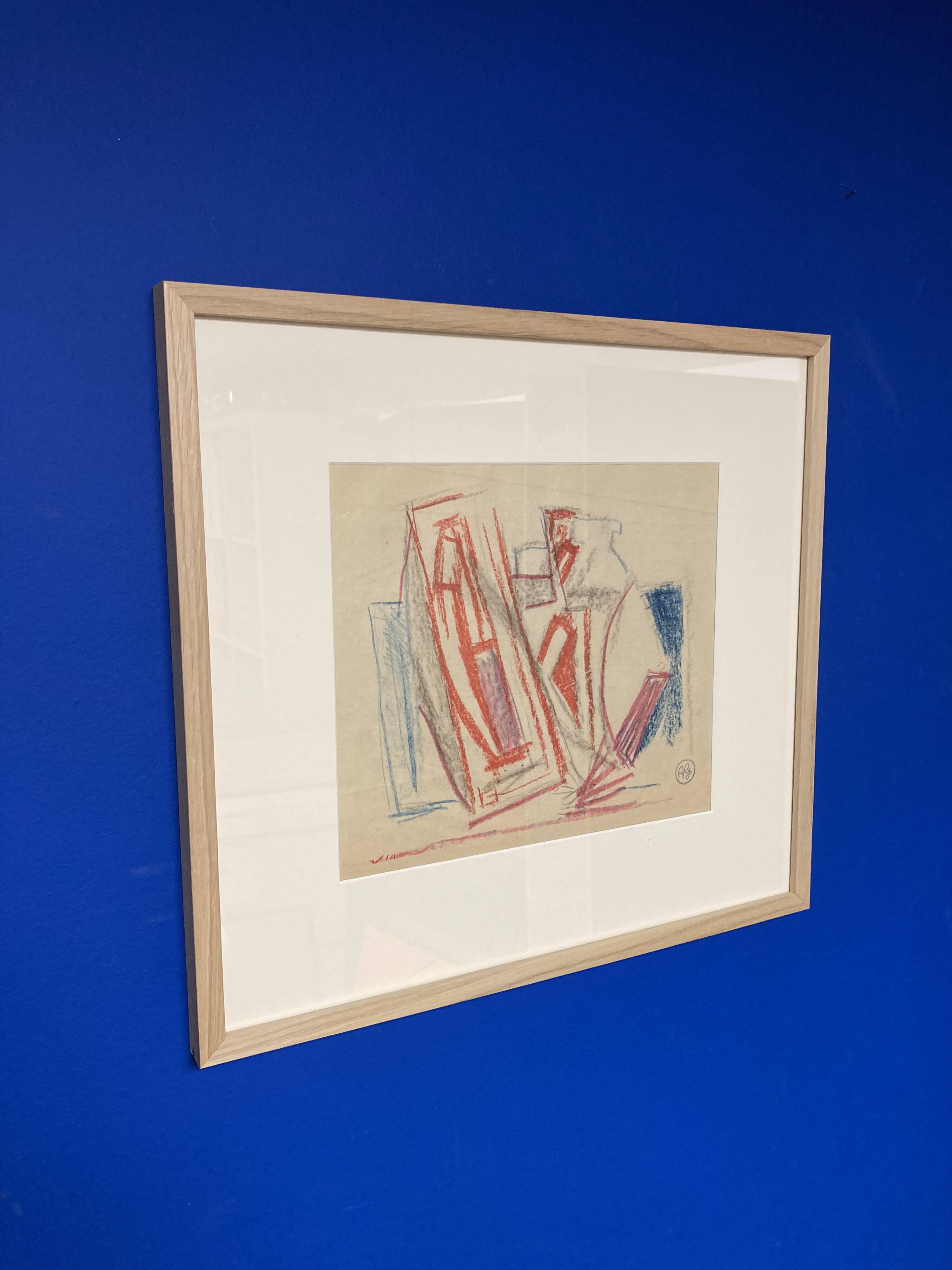 Alfred Gaspart (1900-1993), Cubist still life, pencil and oil pastel drawing framed