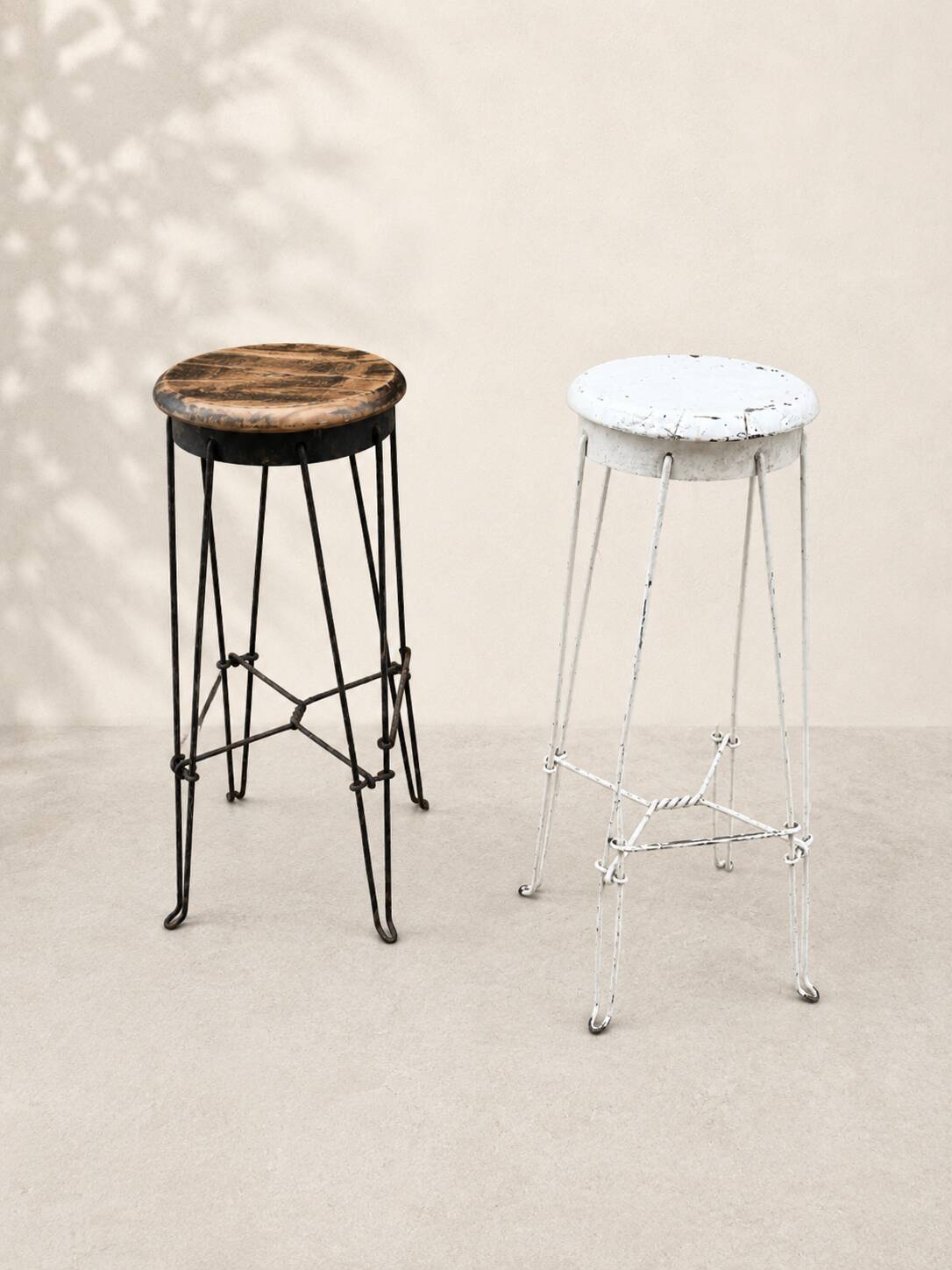 Pair of vintage industrial bar stools in metal and wood – 1950s