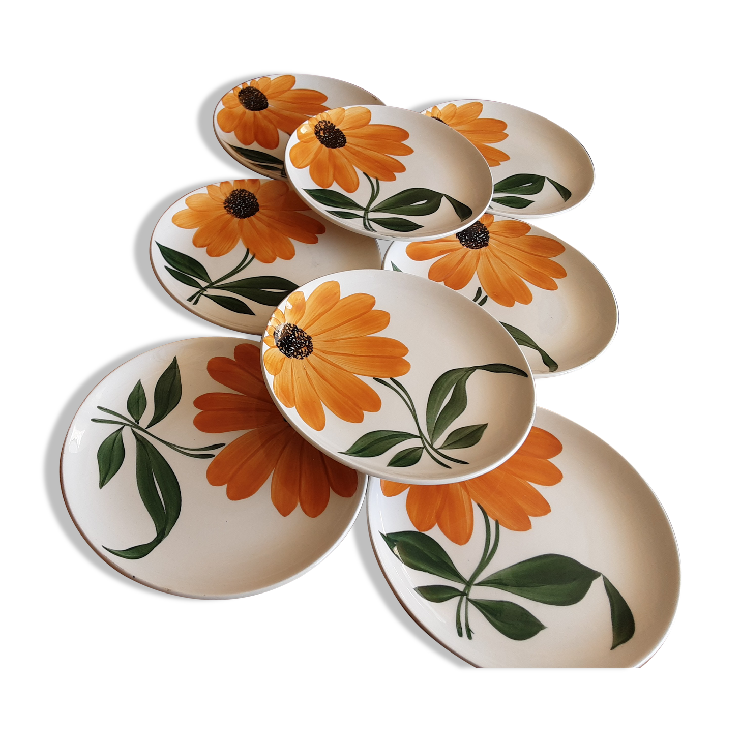 8 vintage Gien dessert plates years 70 orange daisies