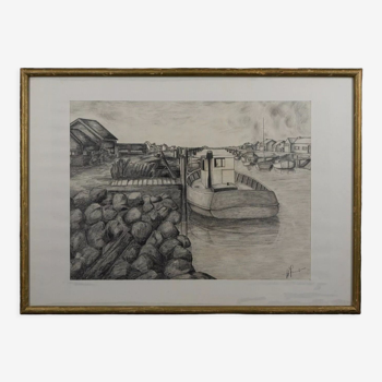 Charcoal drawing signed on paper Fishing boat XXth Golden frame