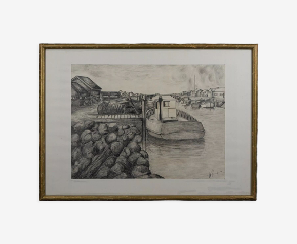 Charcoal drawing signed on paper Fishing boat XXth Golden frame