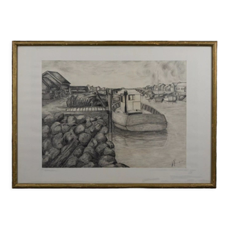 Charcoal drawing signed on paper Fishing boat XXth Golden frame