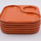 6 orange Guzzini plates with vintage 70s compartments