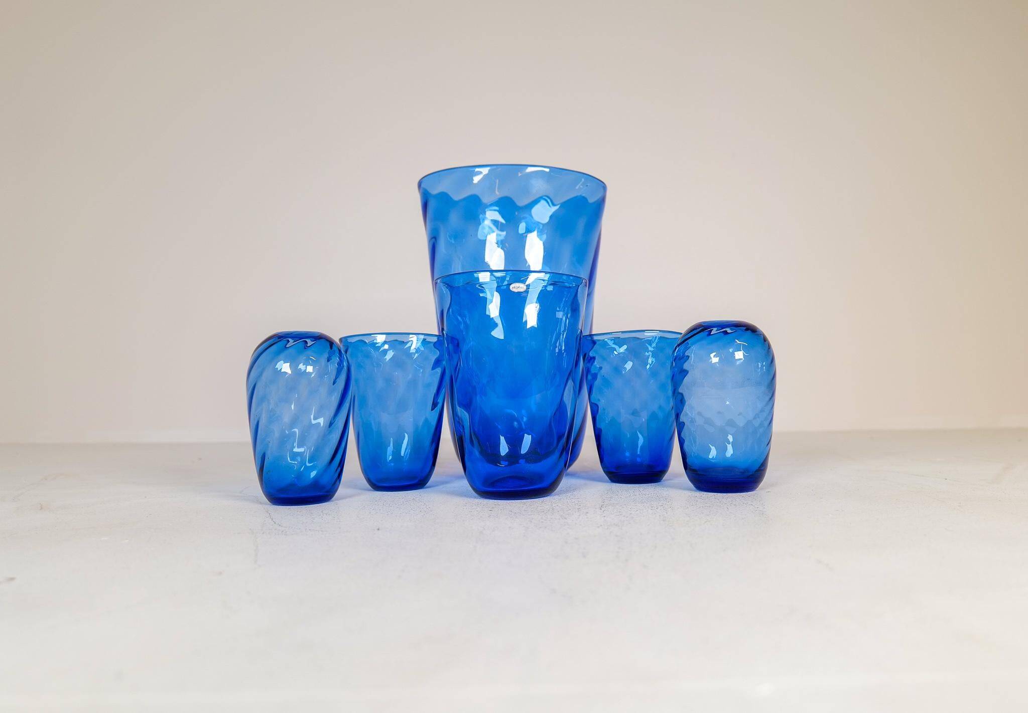 Art Deco Set of 6 Sculpted Glass Vases Handmade Reijmyre, Sweden, 1930s