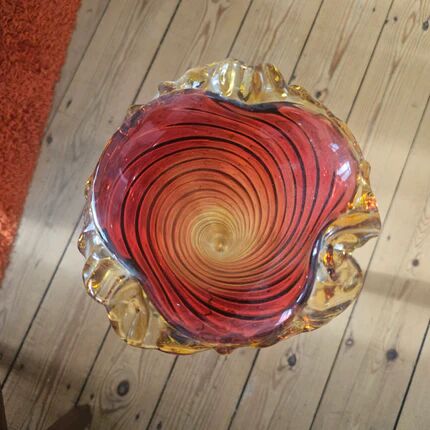 Very large vintage cornucopia vase in gradient red and amber glass - H 53.5 cm