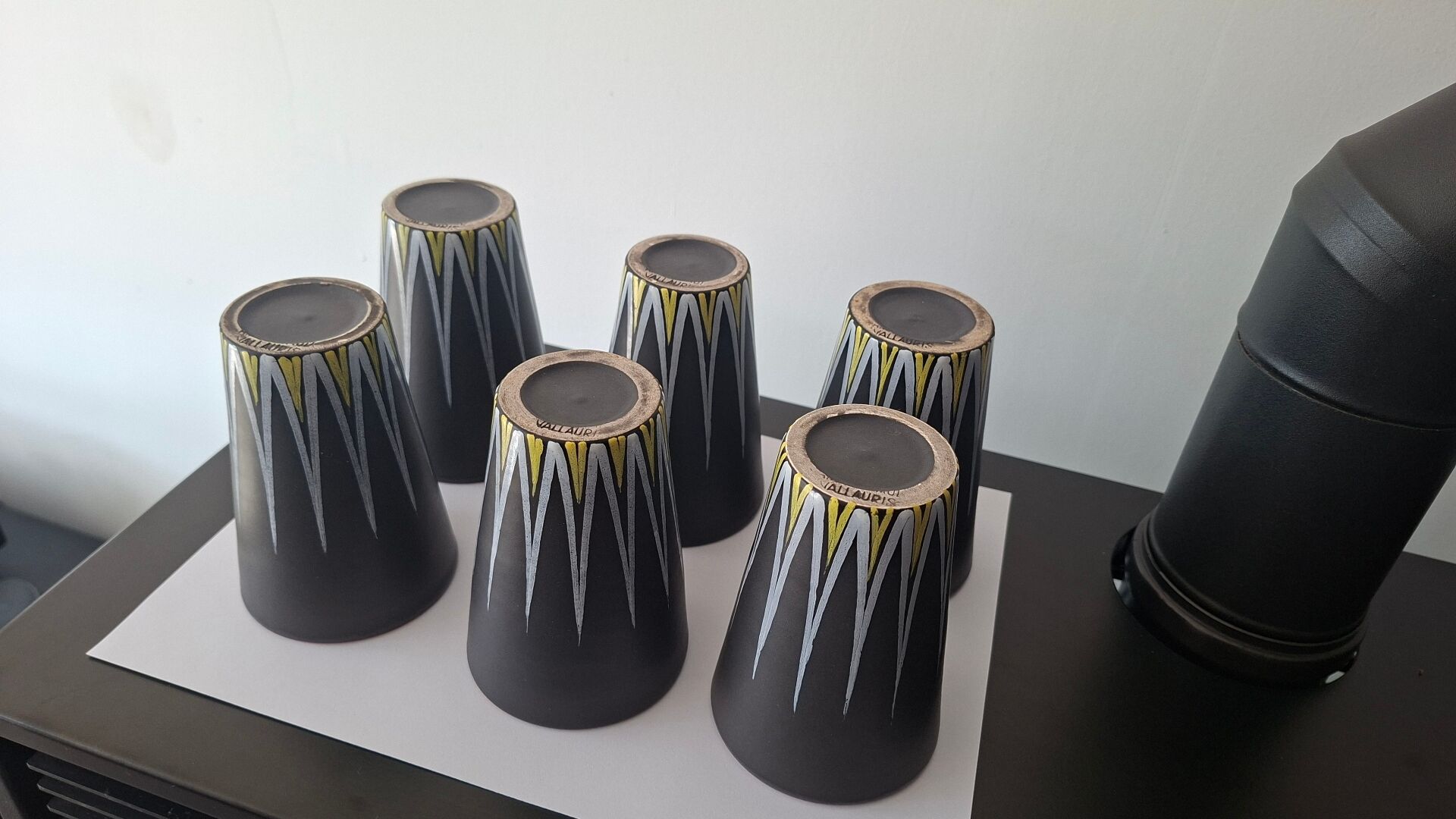 Six Orange and Black Ceramic Vases Vallauris André Baud