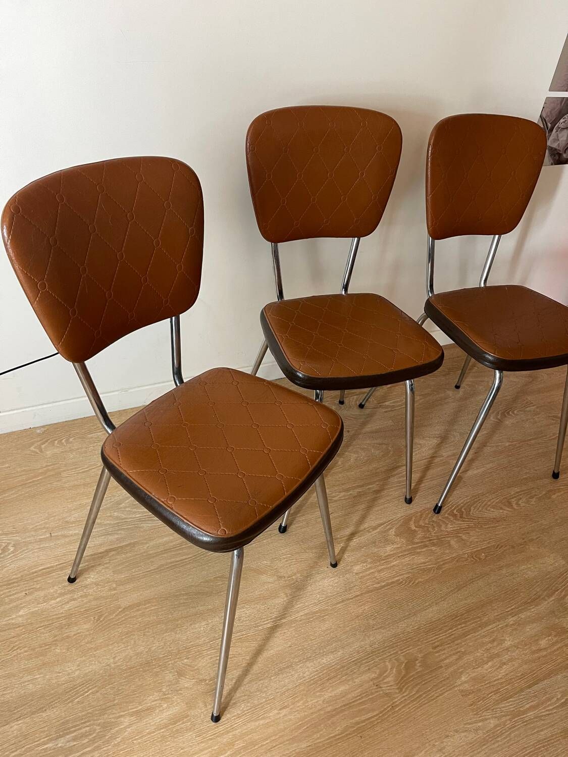 Set of 3 vintage 60s chairs in brown leatherette and chrome metal