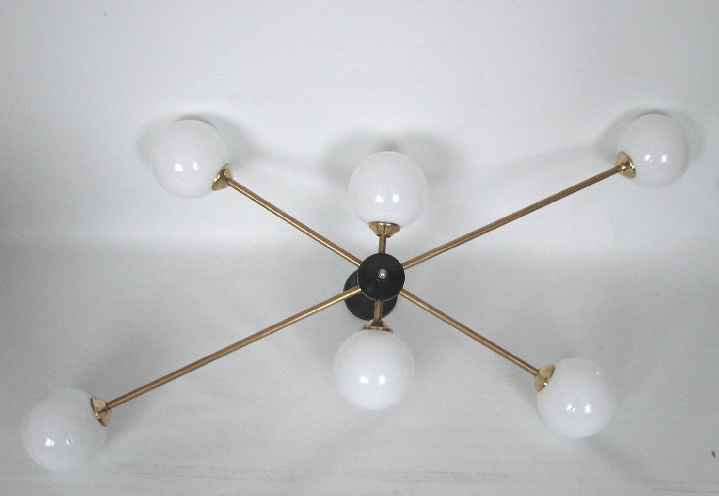 Chandelier vintage Stilnovo des années 1960, en laiton et en verre, 6xE14