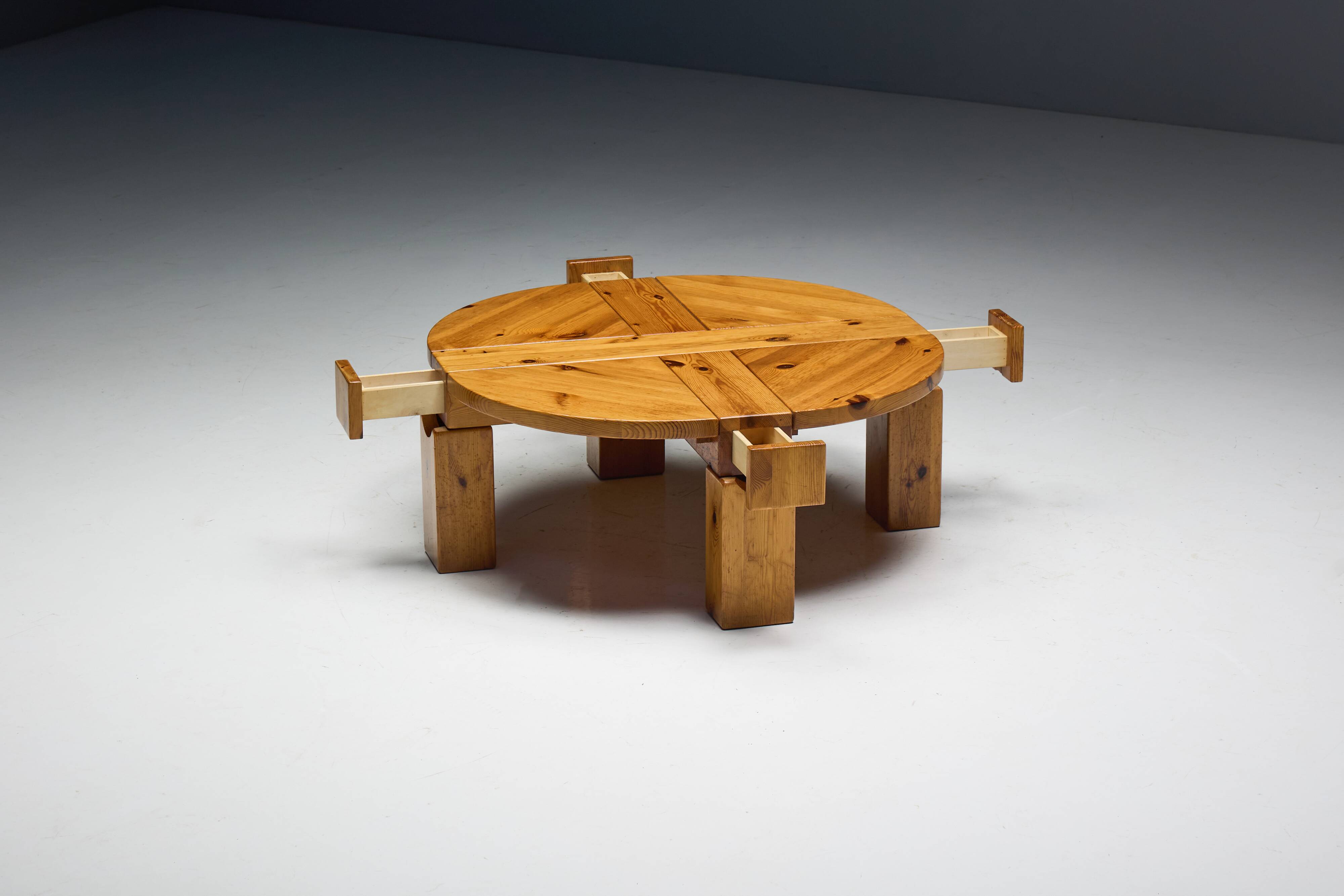 Brutalist Pine Wood Coffee Table, Sweden, 1970s