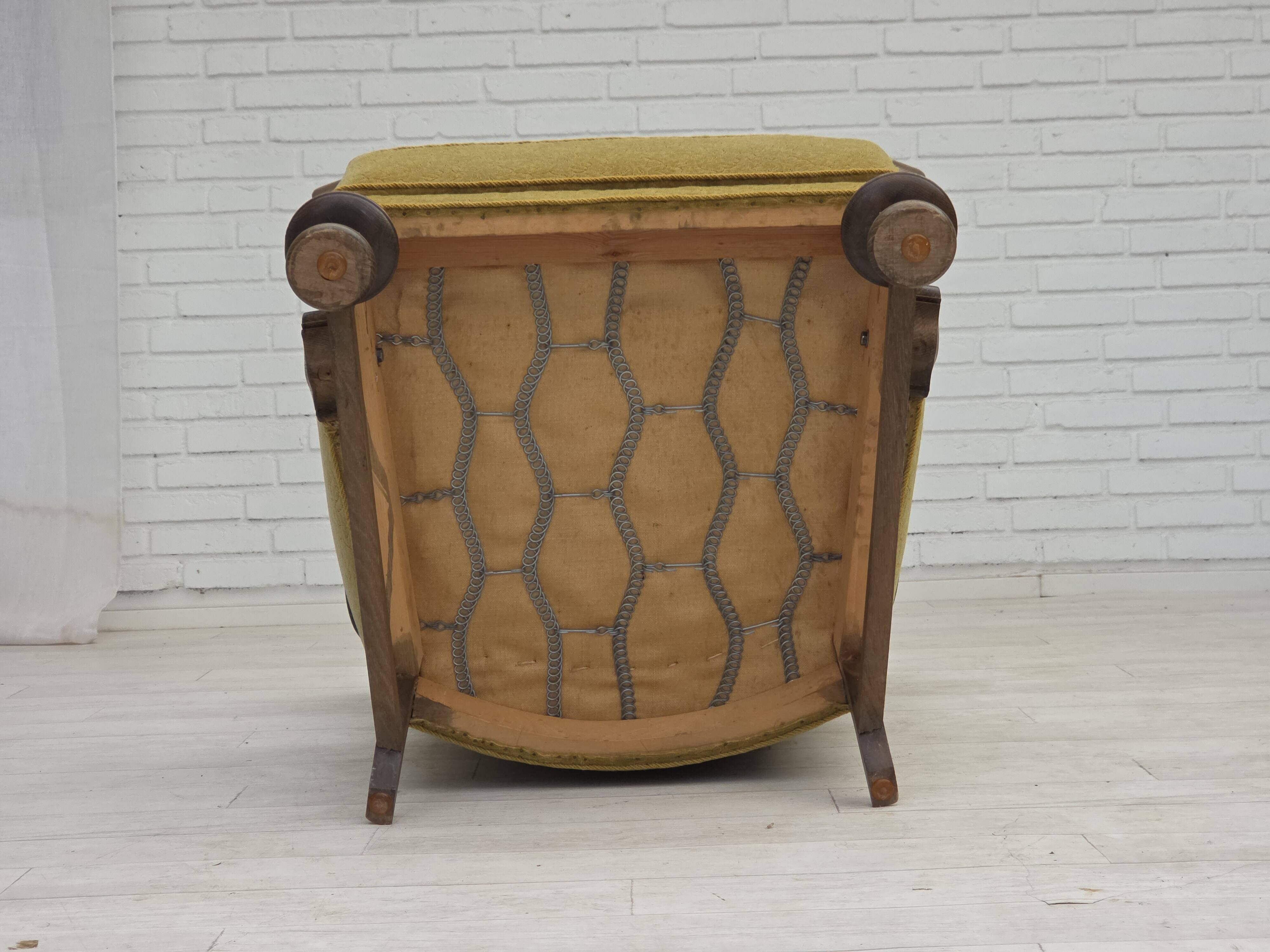 1960s, Danish highback armchair, furniture cotton/wool fabric, oak wood.