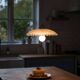 Art Deco opaline pendant light with metal lace balcony