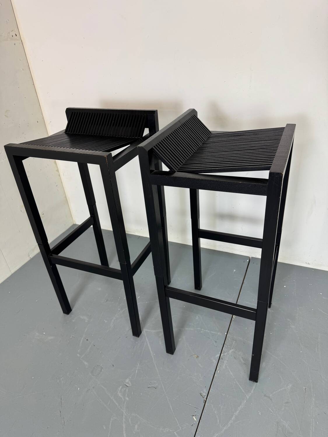 2 Modernist black Wood and Steel Bar Stools by Ruud Jan Kokke, 1980s