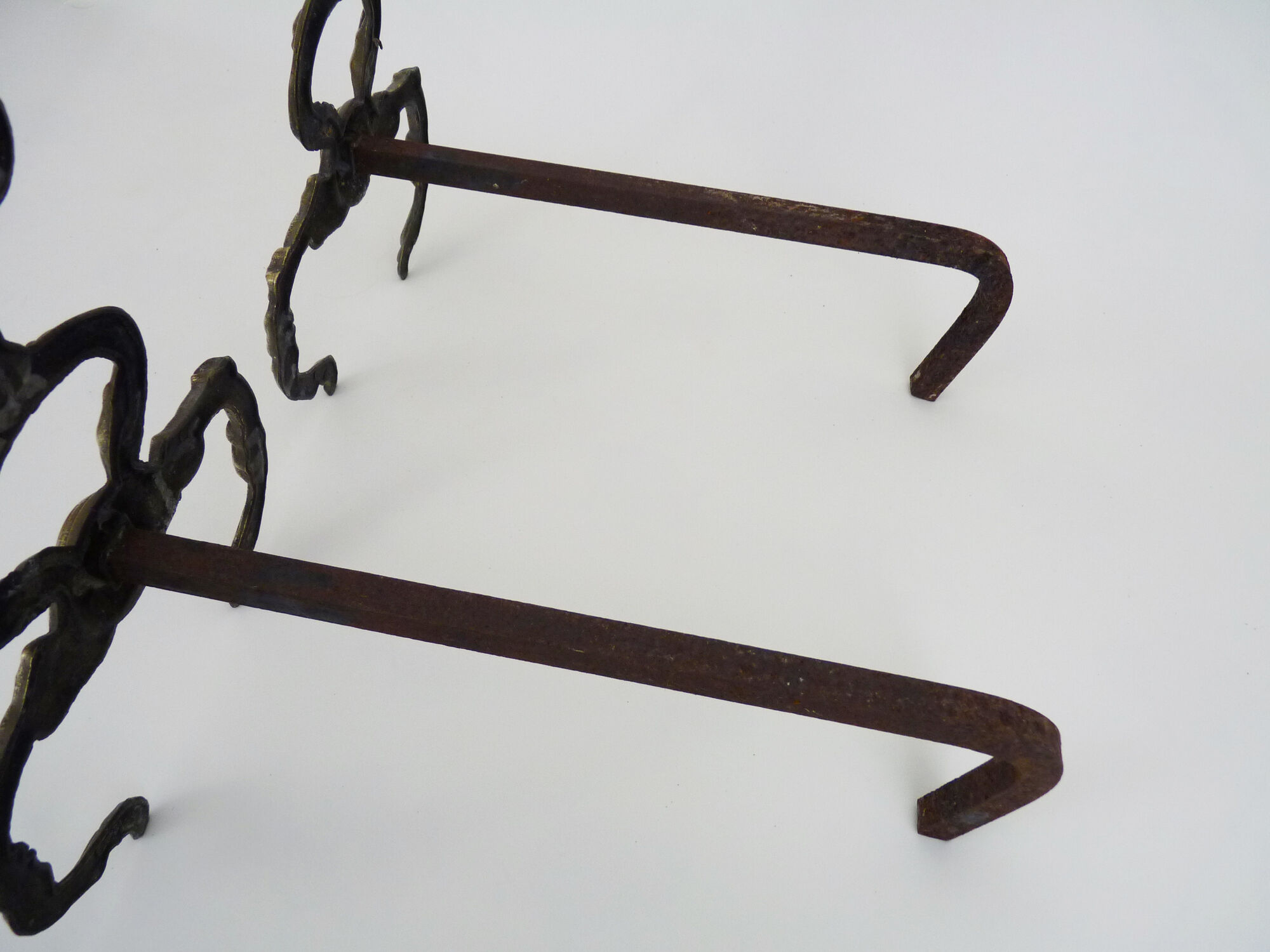 Old pair of chenets, fire dog in bronze and French neoclassical cast iron