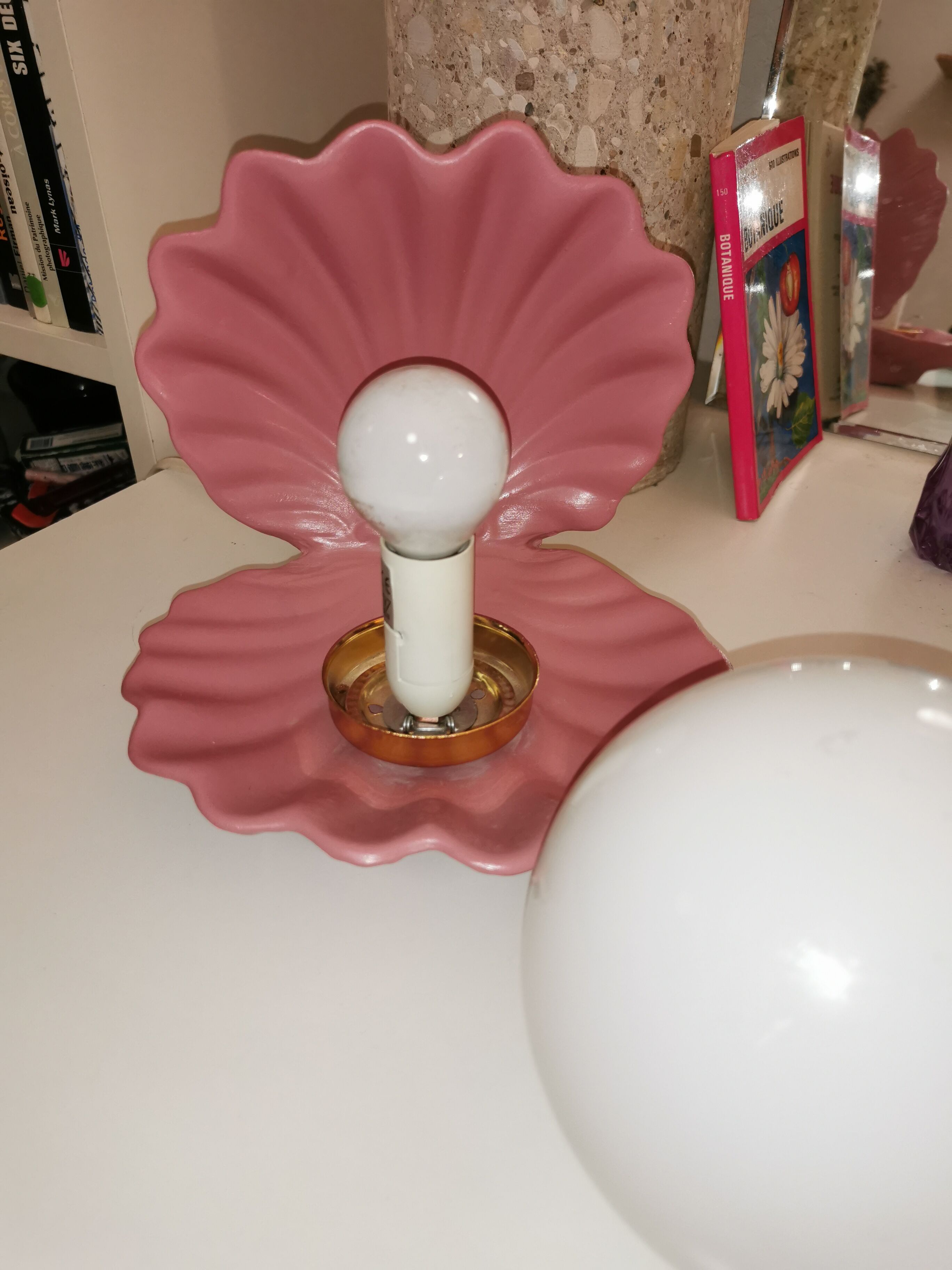 Ceramic shell lamp and opaline bead, saint-jacques, france, 1980