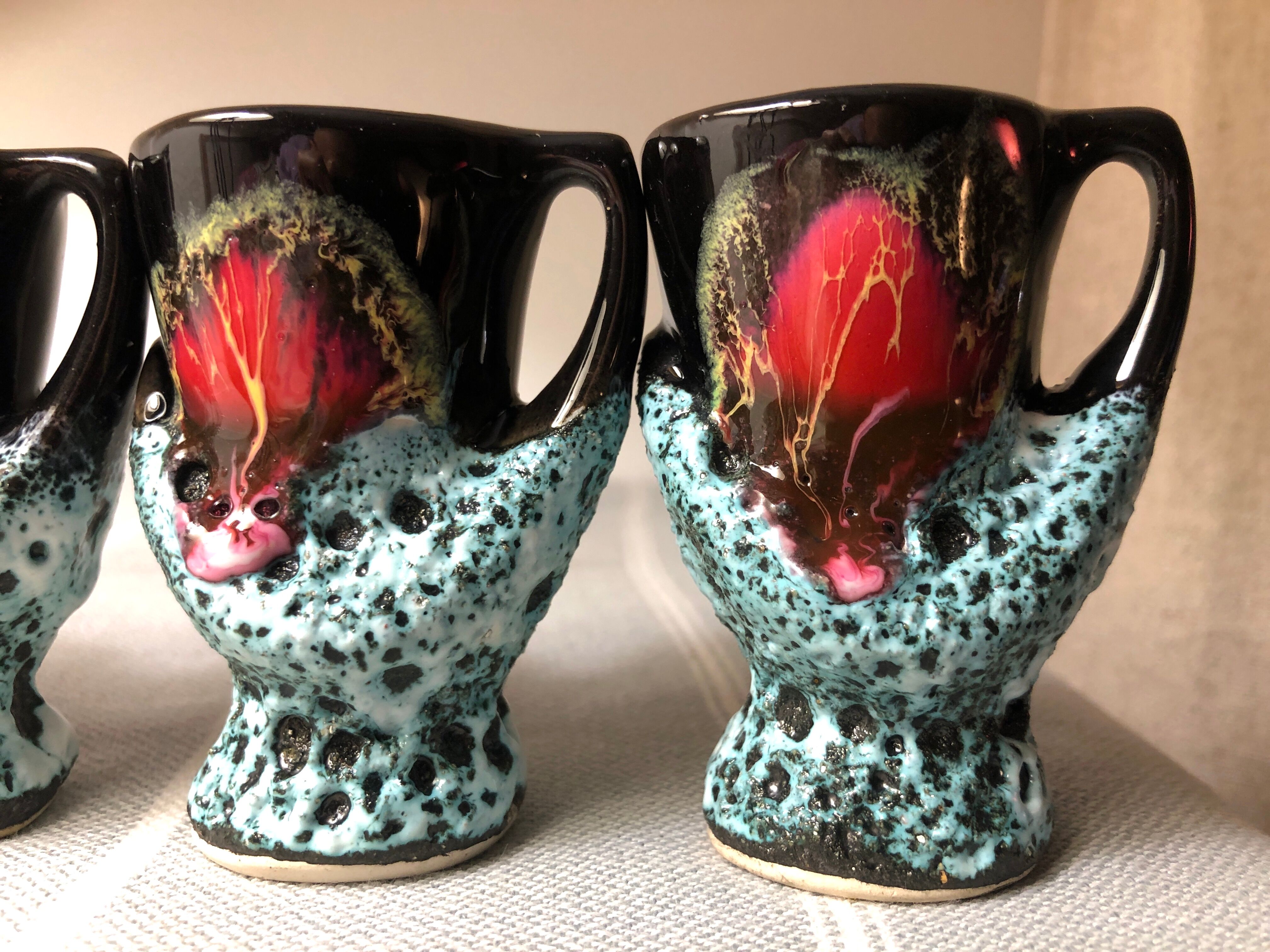 Old coquetiers signed Vallauris Turquoise and Red