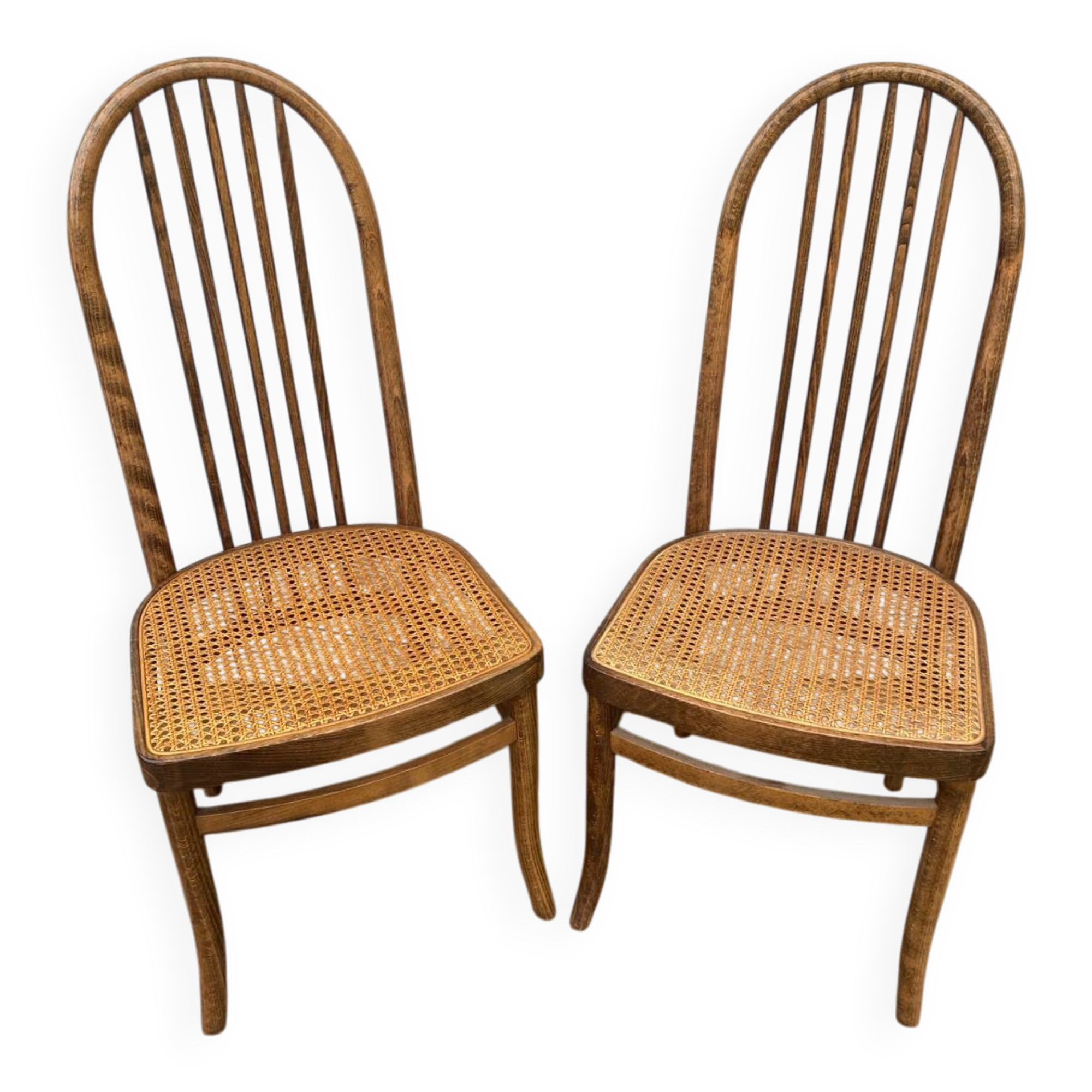 Paire chaise ancienne Baumann modèle eden bois + assise cannée vintage