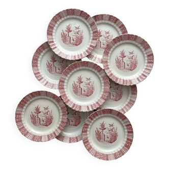 9 dessert plates in pink iron earth KG Lunéville
