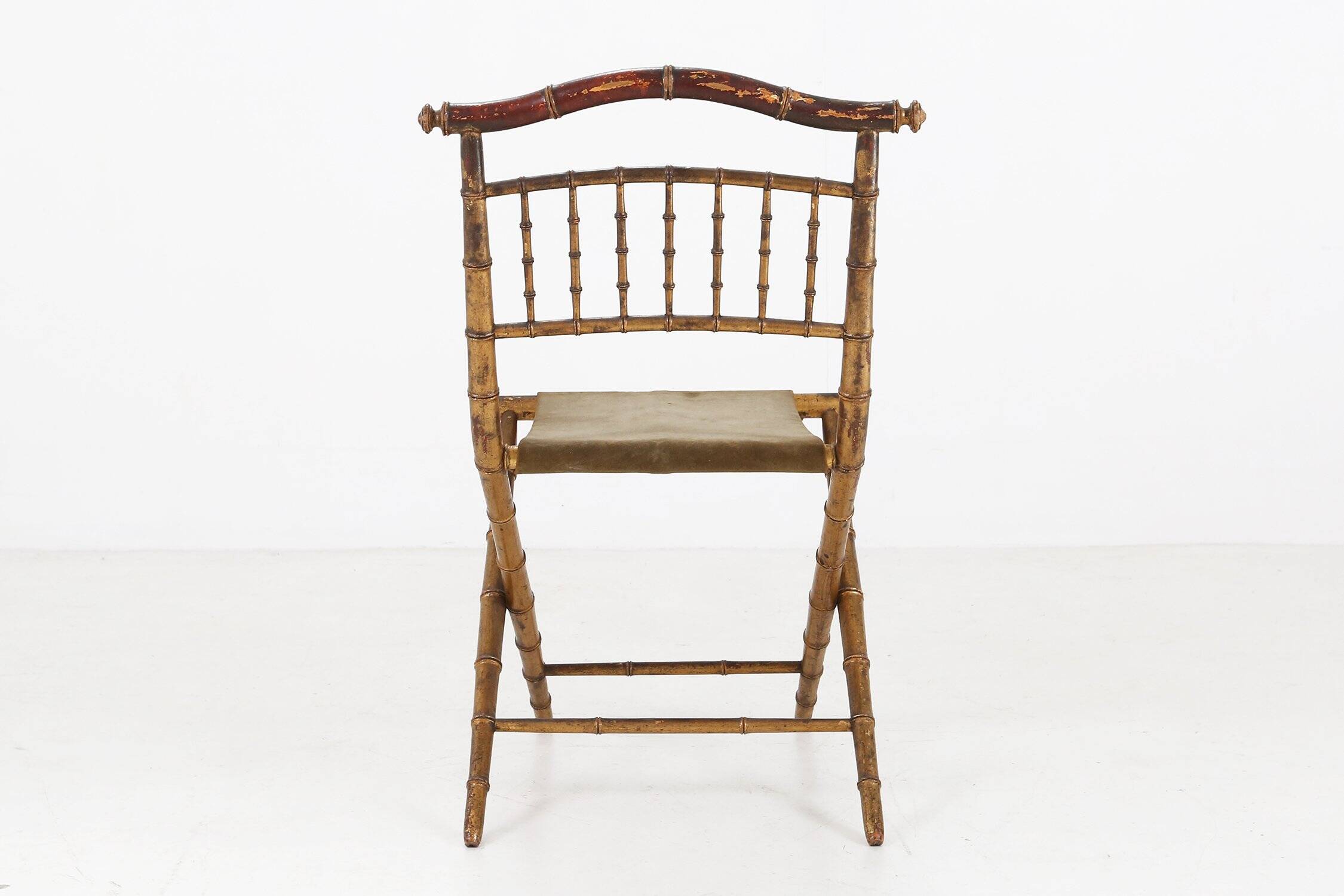 Chaise pliante en faux bambou en bois doré et tissu vert, France vers