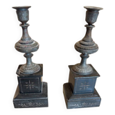 Paire de Bougeoirs Anciens Napoléon III style XIXe- Marbre Noir & Régule
