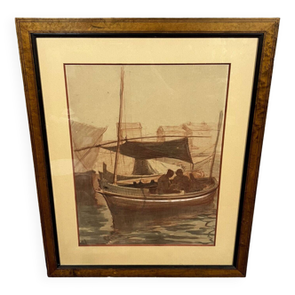 Large watercolor from the beginning of the 20th century with a Charles X style frame
