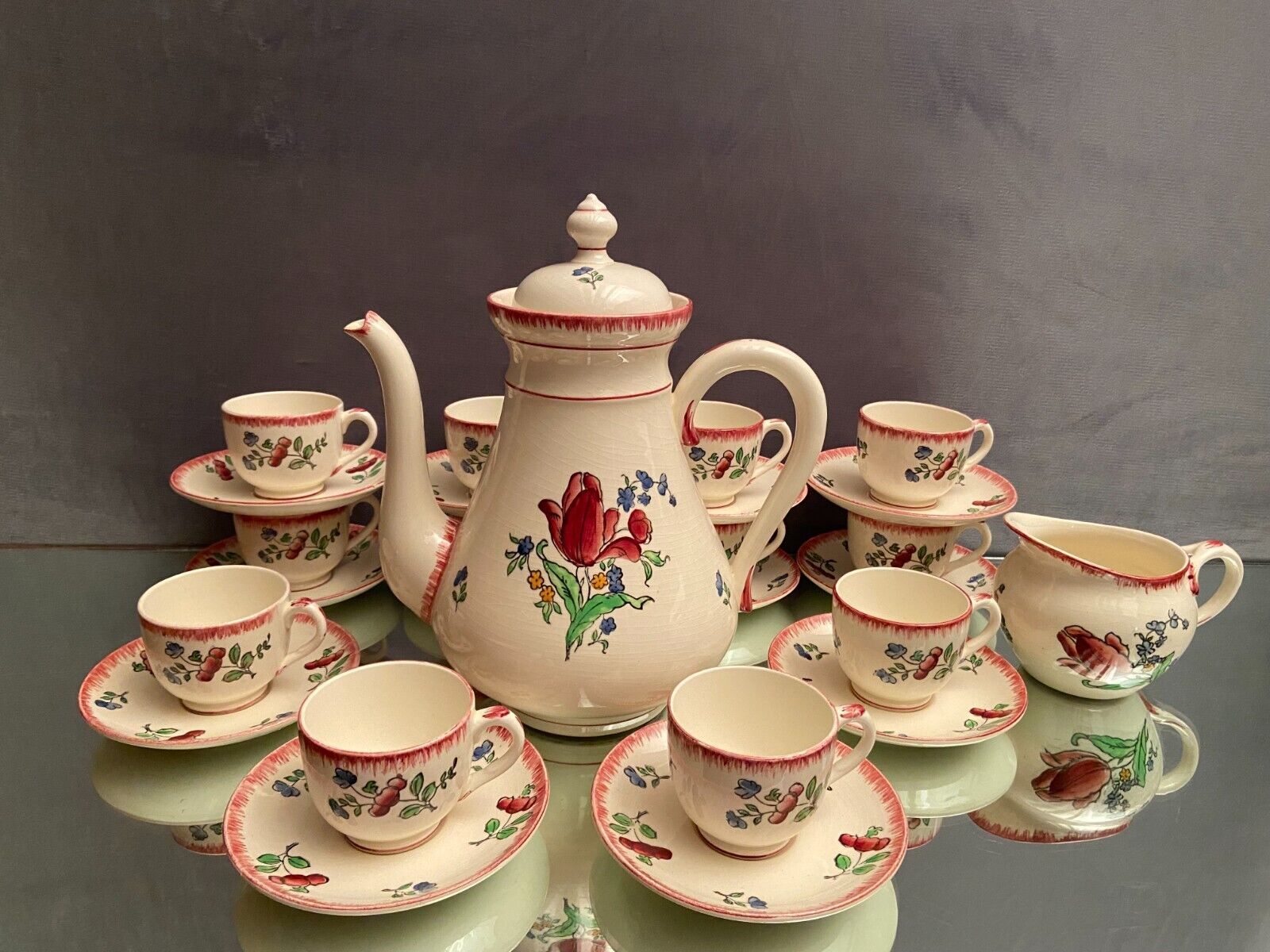 Gien tiled coffee set décor Lorraine Coffee maker cups milk jug