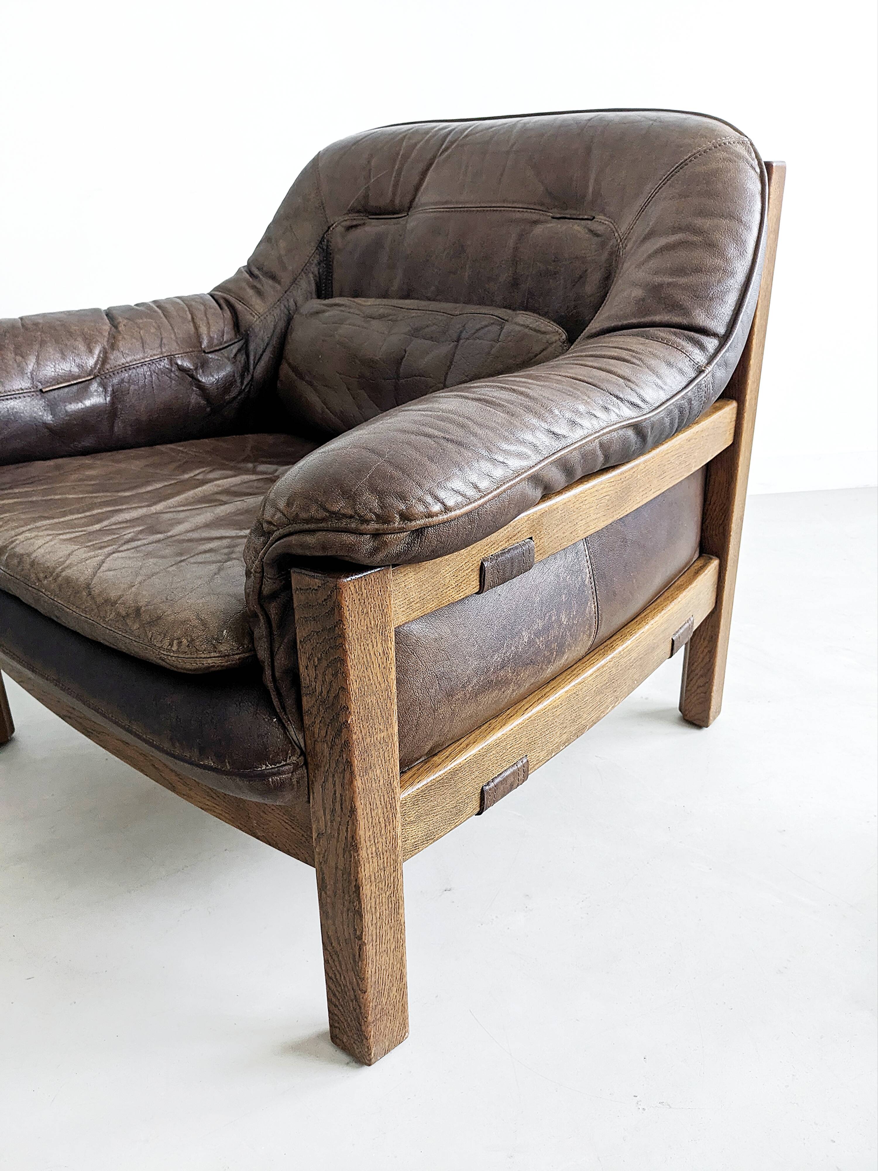 Brutalist Set of Leather Sofa & Loungechair by Hain & Thome 1970's