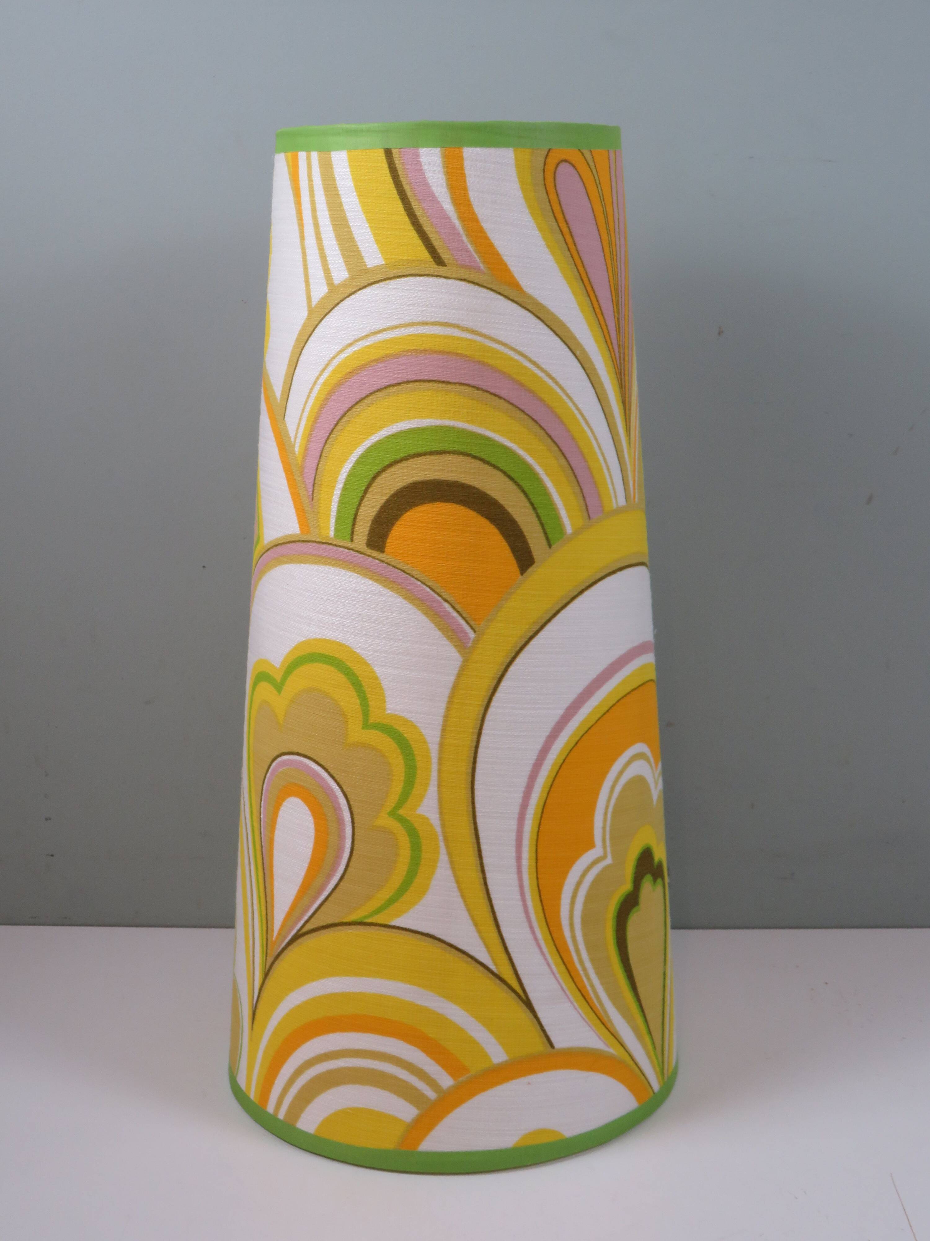 Large conical lampshade, recently made with vintage fabric.