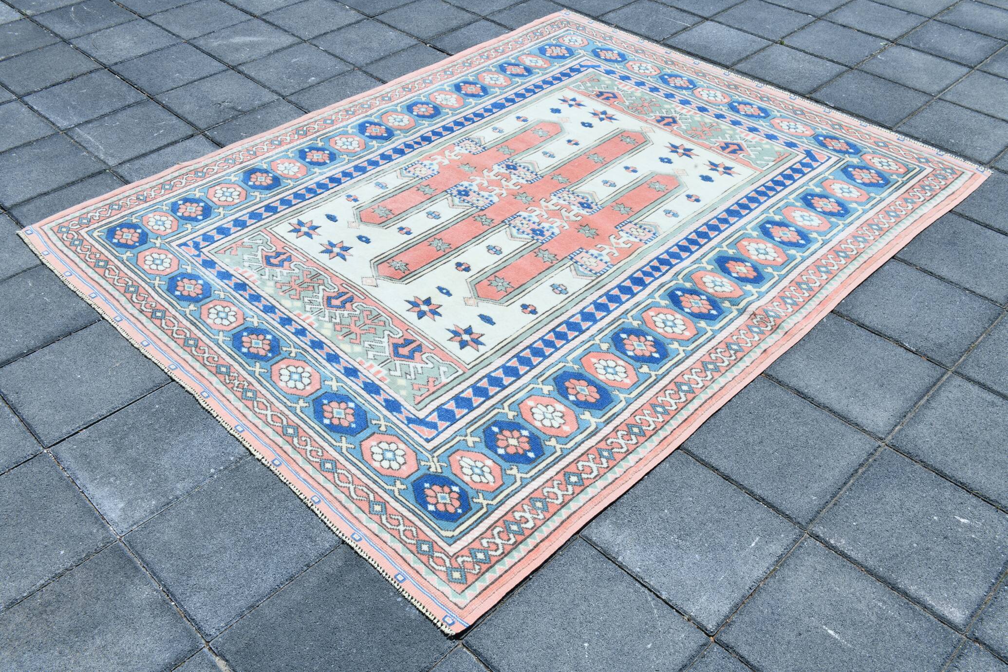 Powder Pink & Soft Blue Vintage Persian Rug, 166x209 Cm