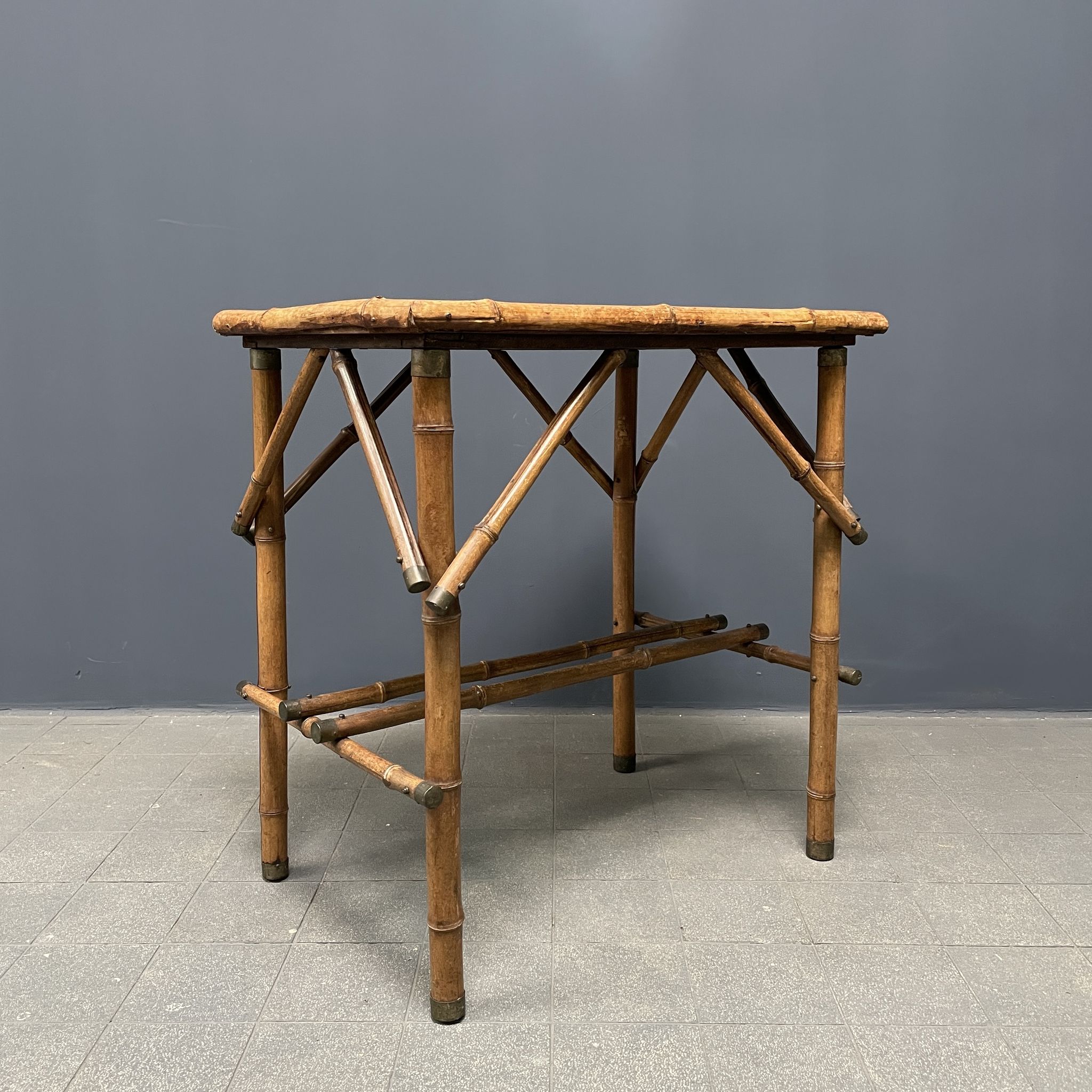 Bamboo side table with mirror top from France, 1940s
