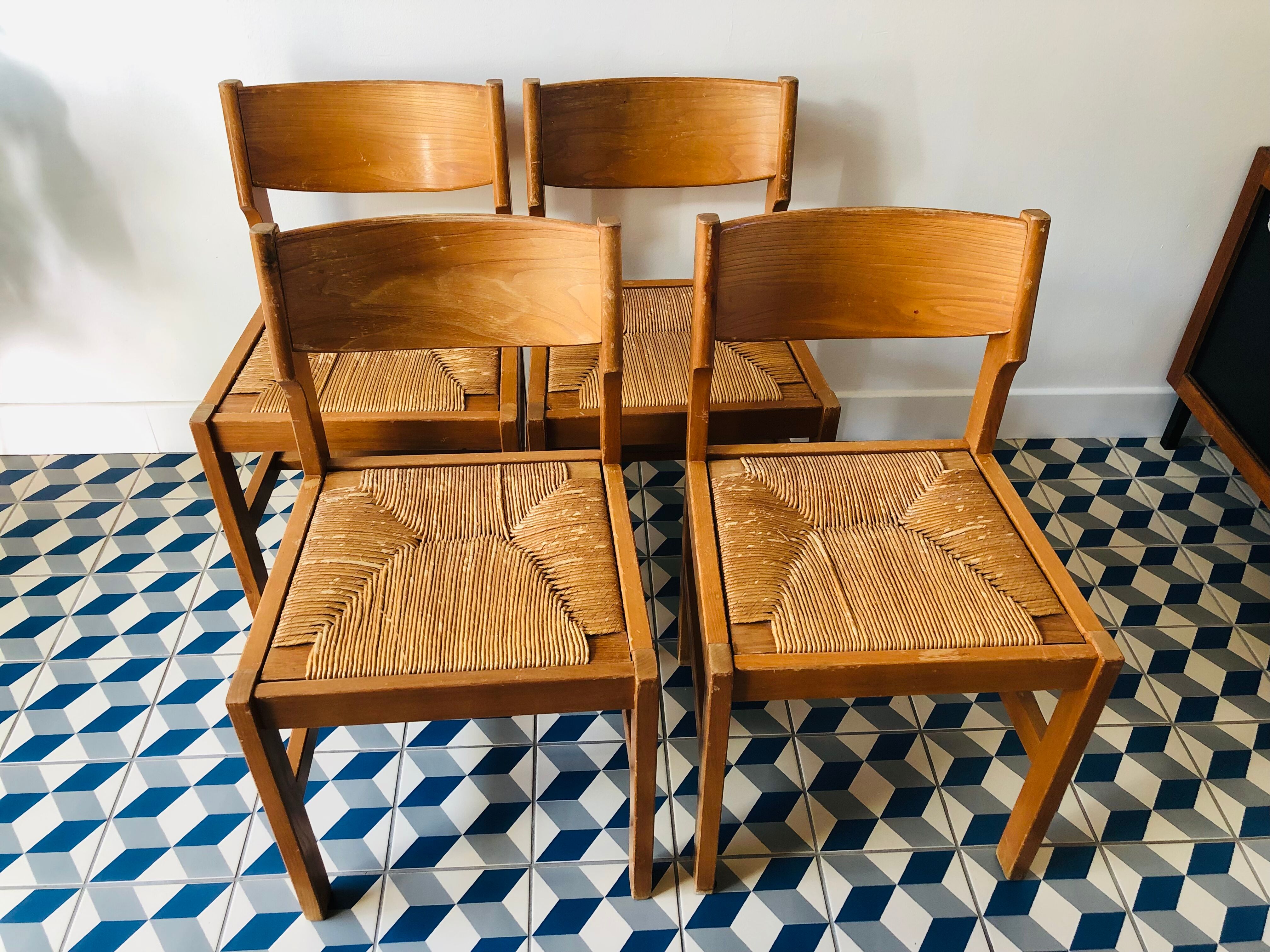 4 vintage pine chairs sitting straw