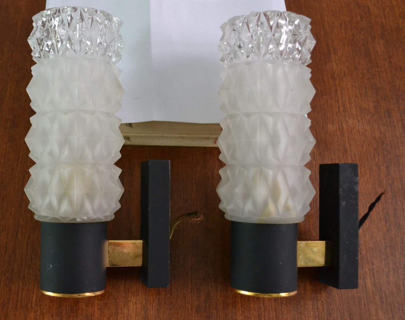 Pair of Arlus sconces with golden brass and glass, 50