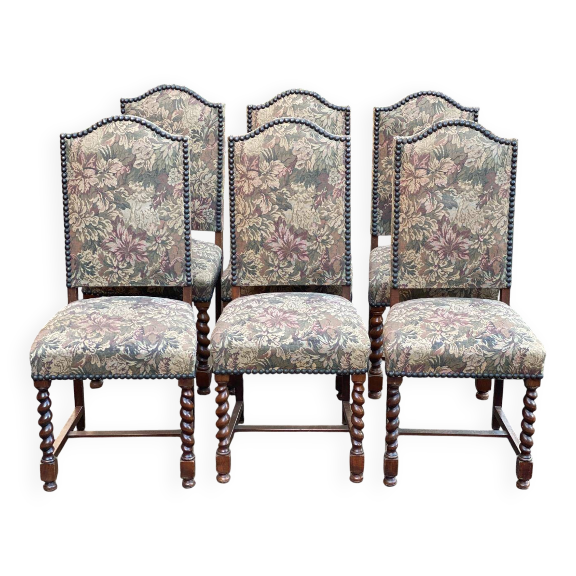 6 chaises à manger Louis XIII bois massif torsadés et tissu écru du 19ème