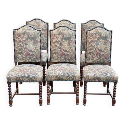 6 chaises à manger Louis XIII bois massif torsadés et tissu écru du 19ème