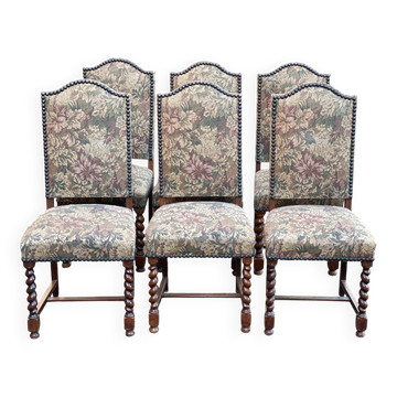 6 Louis XIII style dining chairs in solid twisted wood and ecru fabric from the 19th century