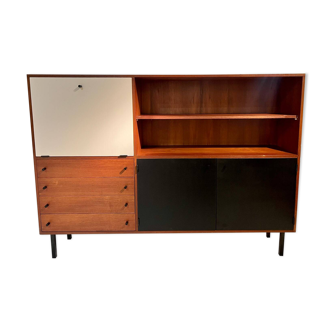 Highboard, bar cabinet, vintage teak secretary with black/white doors