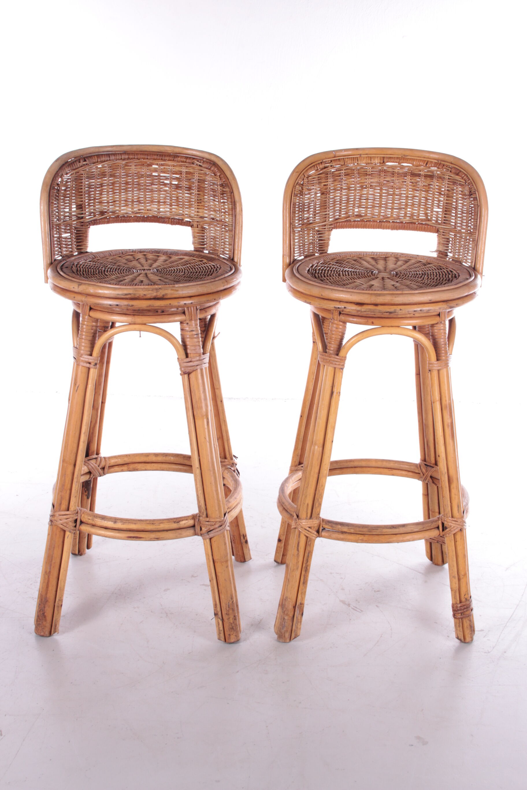 Vintage Rattan Swivel Bar Stool Set, 1950s