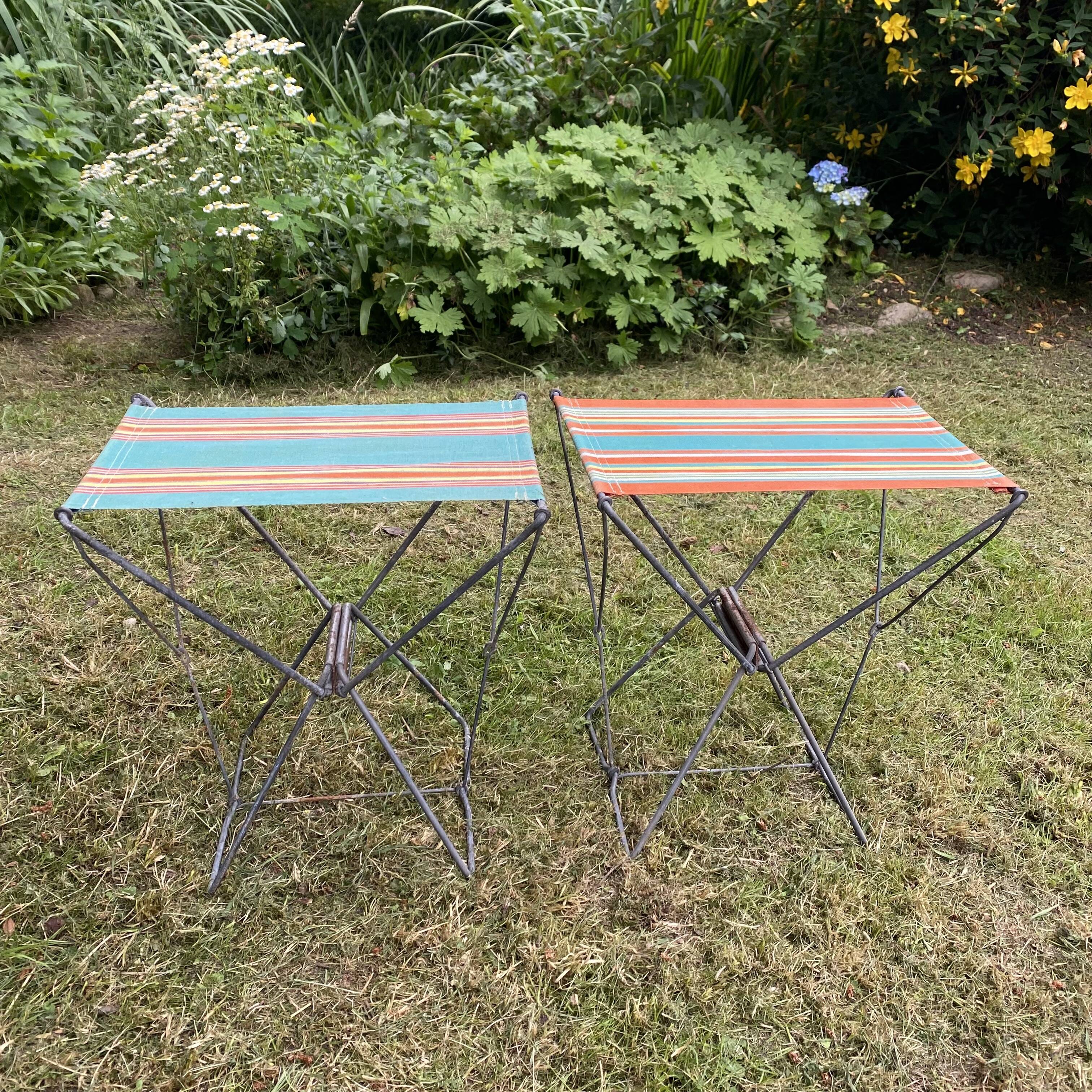 Vintage camping folding stool, striped canvas