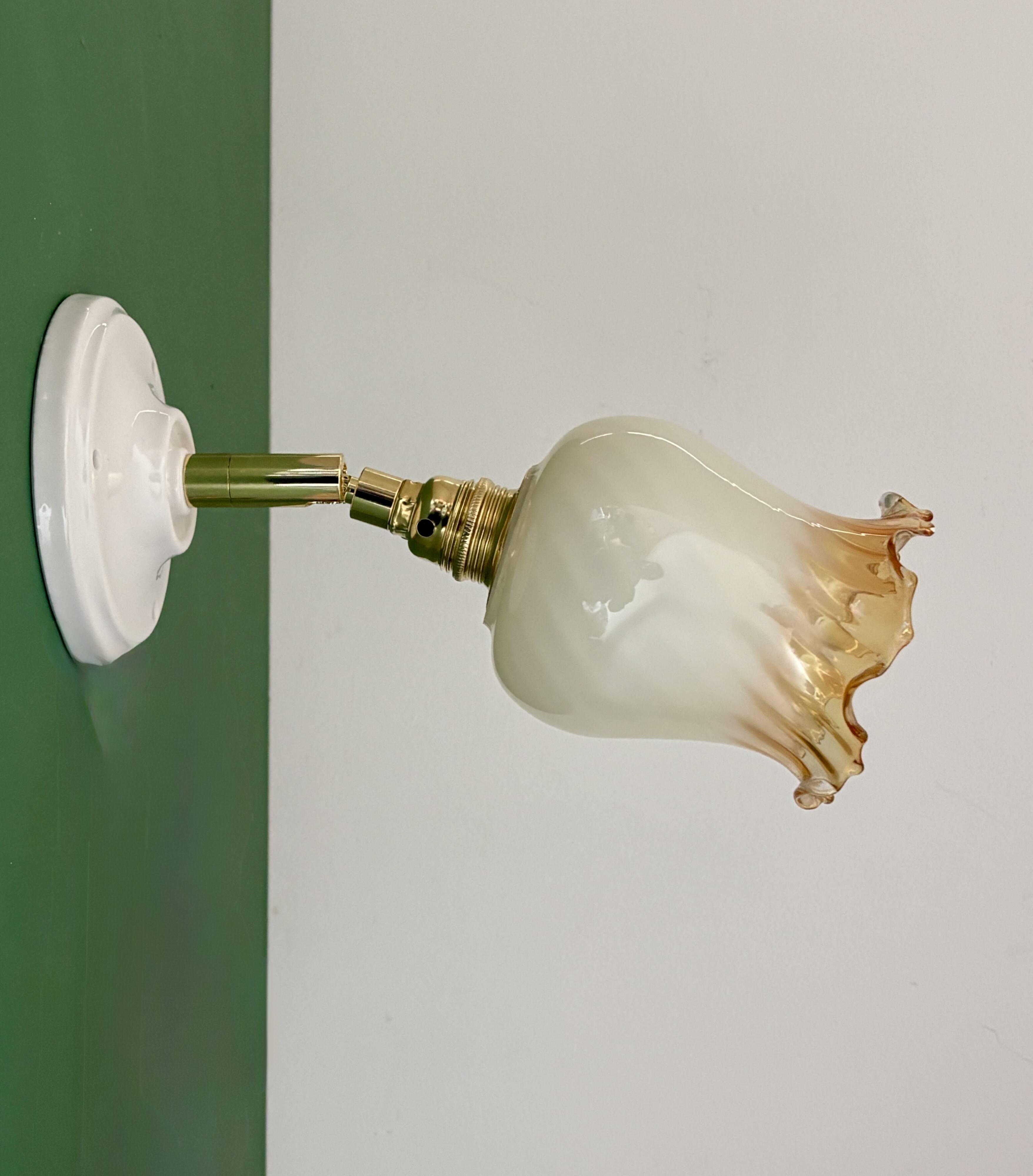 Vintage tulip wall light in white and amber glass