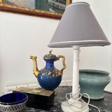 Wooden lamp with gray lampshade