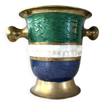 French Cloisonne cooler, Vintage Shell Inlay Barware Enamel Ice Bucket
