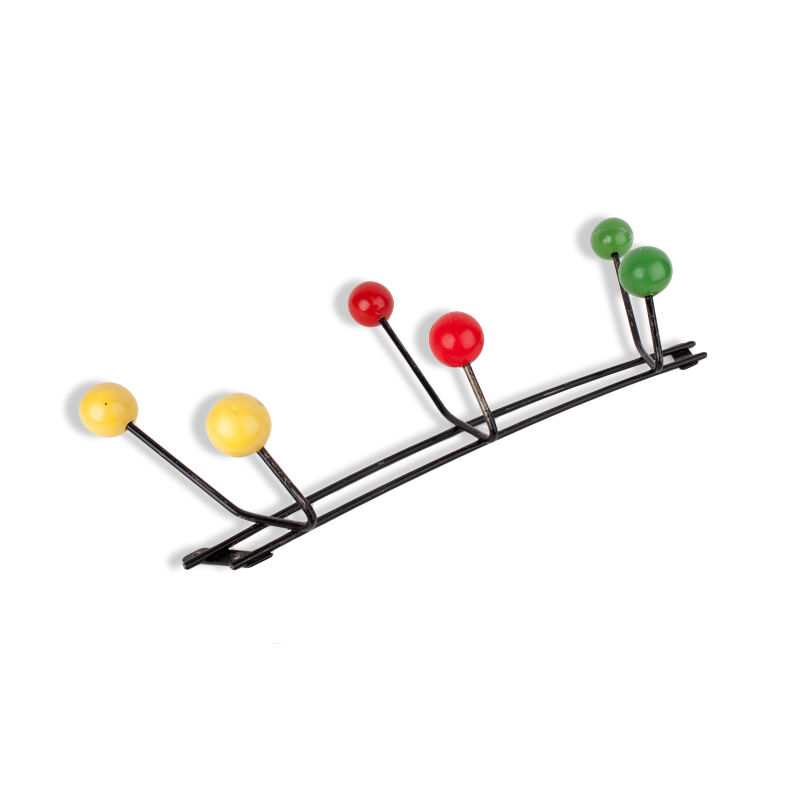 Coat rack in black metal 6 round pegs 1950s