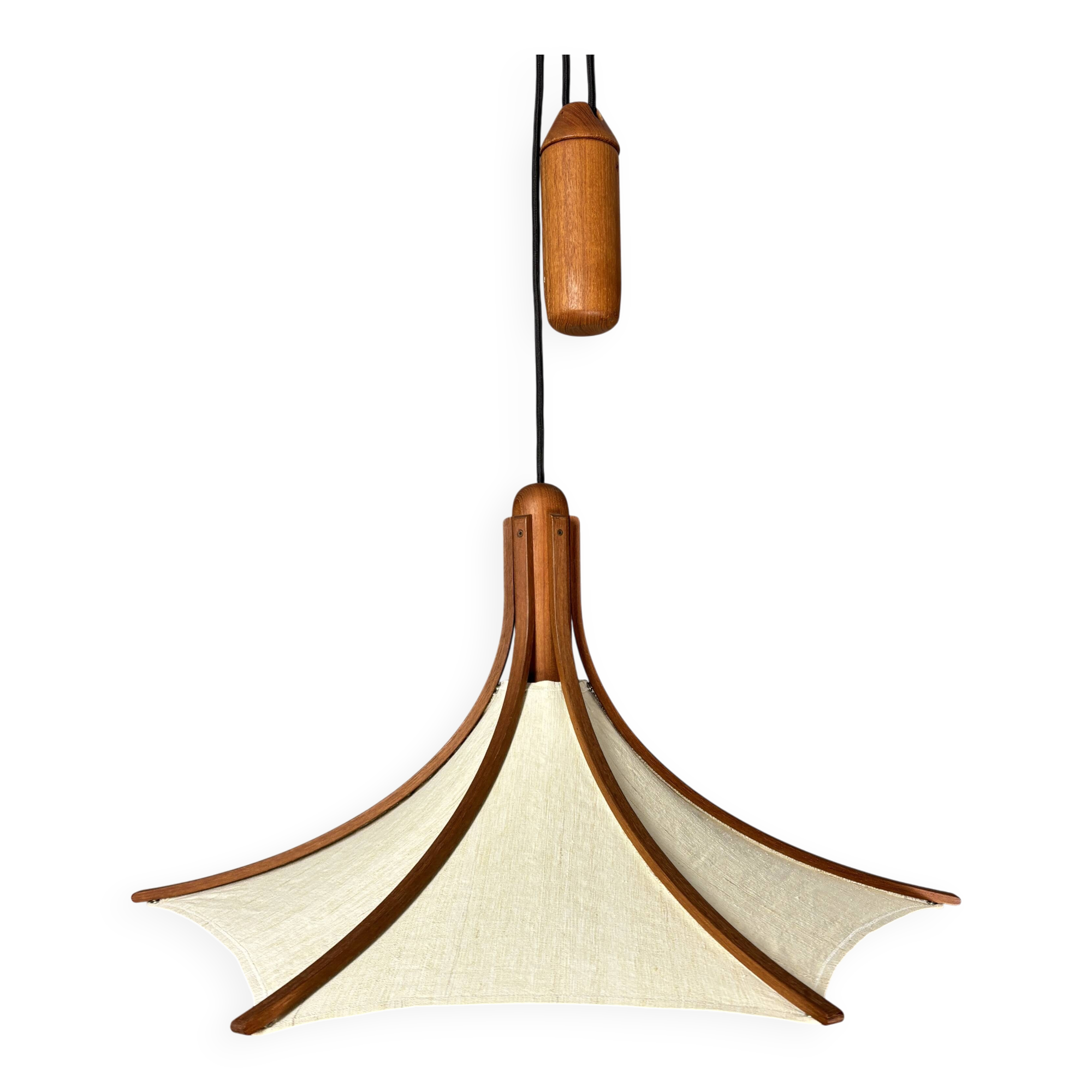 Teak And Linen Umbrella Counter Balance Pendant By Domus, 1970s