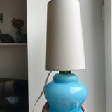 Lamp with blue opaline feet and textured conical lampshade 60s-70s