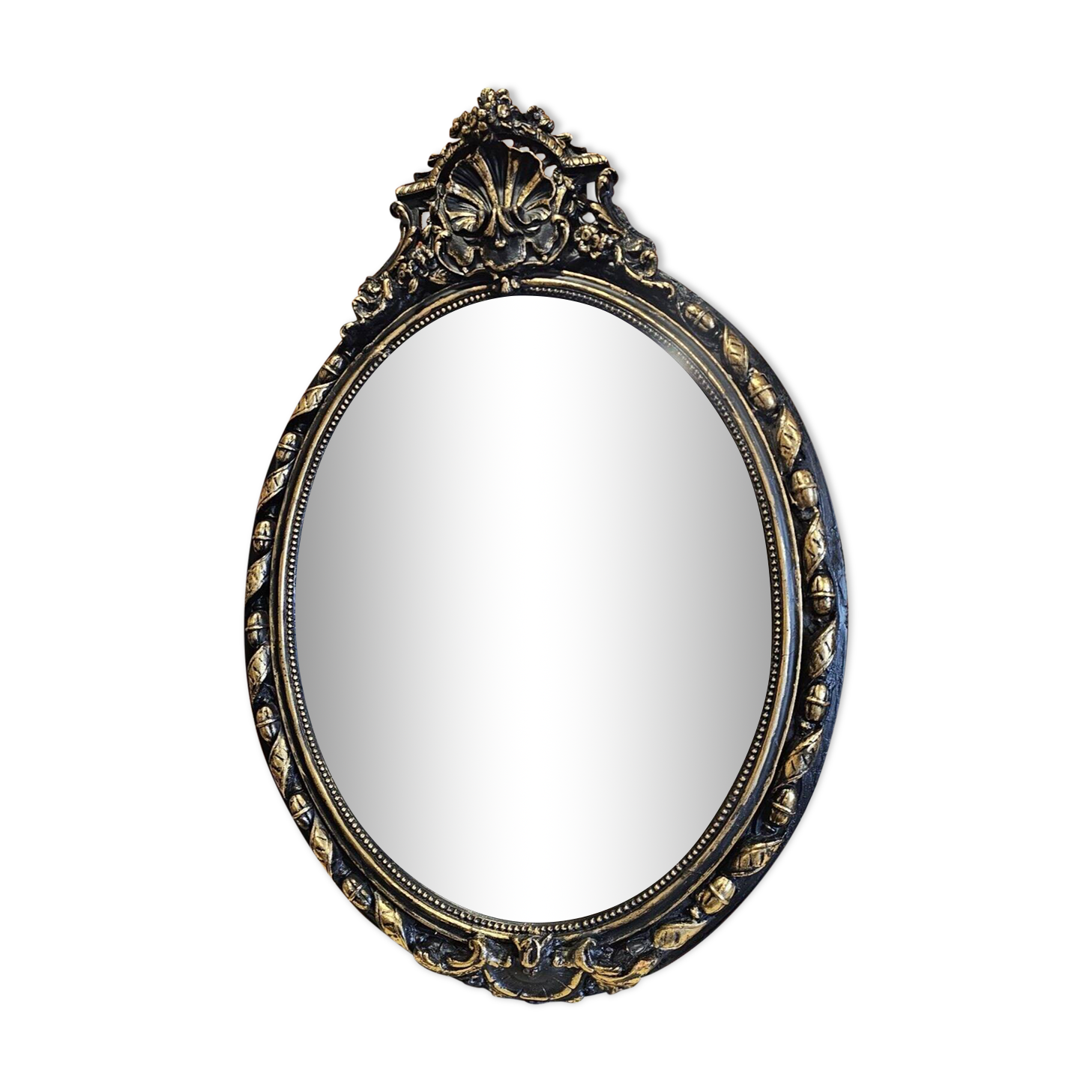 Old black and gold patinated oval mirror louis xv style