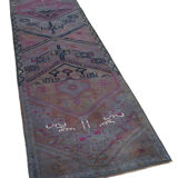 Handwoven distressed anatolian purple runner carpet 85 cm x 317 cm