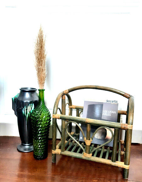 Indonesian magazine holders made of bamboo and vintage green rattan