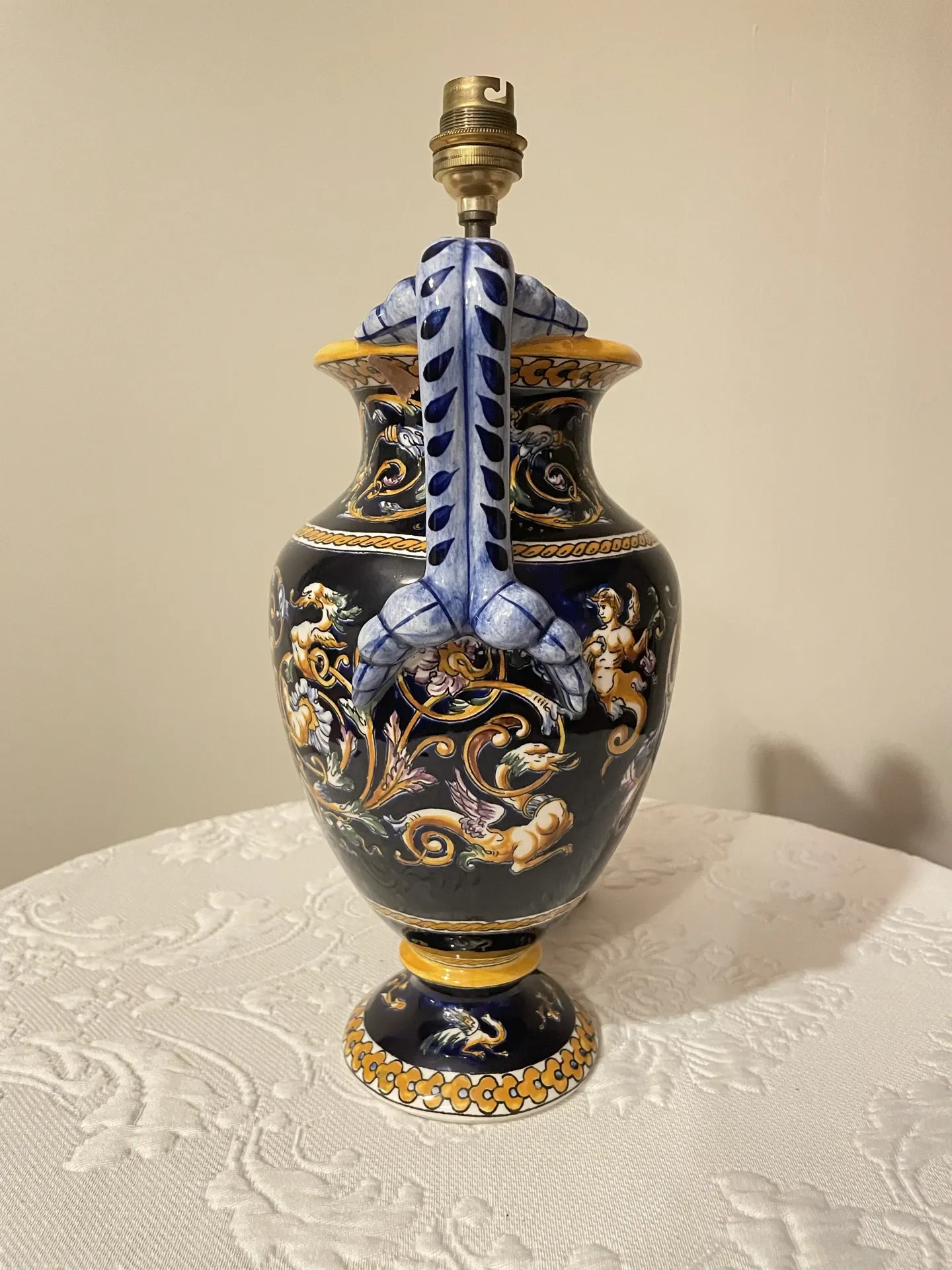 Pied de lampe Gien décor Renaissance peint à la main