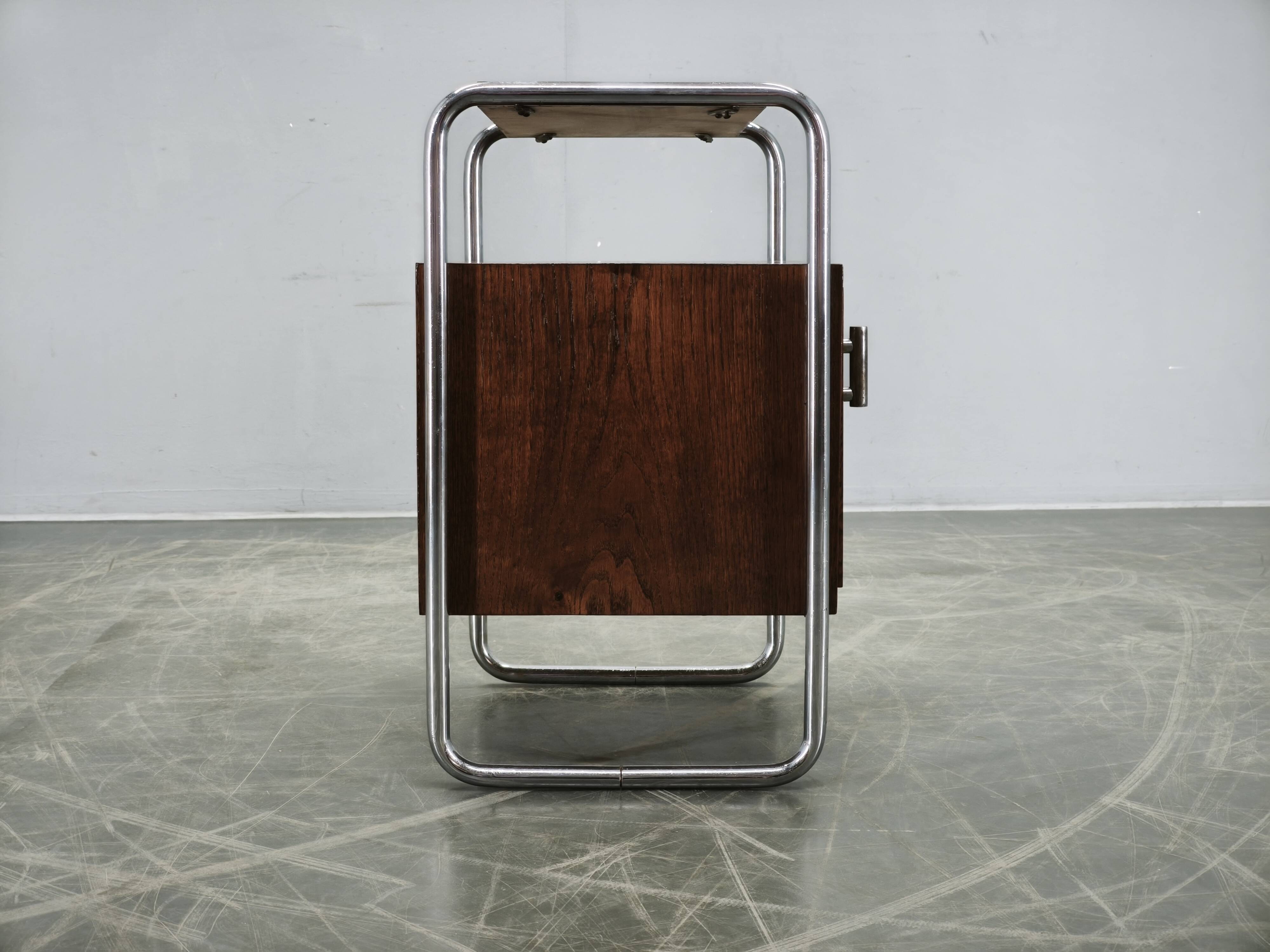 Bauhaus Oak and Chrome Tubular Nightstand, Czechoslovakia 1940s